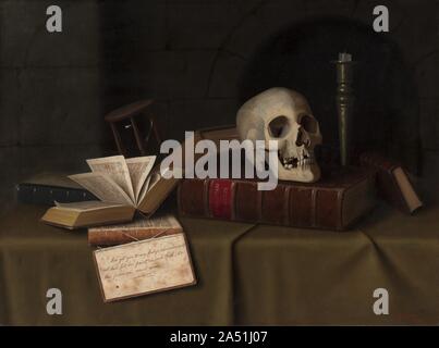 Memento Mori, "Per questo favore", 1879. Il termine latino memento mori descrive un oggetto tradizionale di arte che risolve la mortalità. In Harnet&#x2019;s esempio la candela spenta, trascorse a clessidra, e cranio simboleggiano la morte. Una citazione di William Shakespeare&#x2019;s Hamlet , riportato sulla copertina di un libro e vestito di stracci, rafforza il tema. Si tratta di play&#x2019;s famosa scena del cimitero dove Amleto scopre un teschio e cupamente medita la sua amata Ofelia, ironicamente ignari del fatto che lei è già morto. La "vernice" nel preventivo non solo si riferisce a Ofelia&#x2 Foto Stock