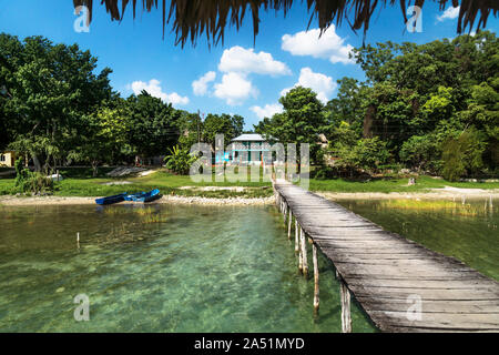 Vista dal dock per la giungla verde di El Petén, El Remate, Guatemala Foto Stock