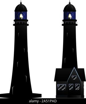 Classic cartoon lighthouse illustrazione dettagliata silhouette nera. Illustrazione Vettoriale