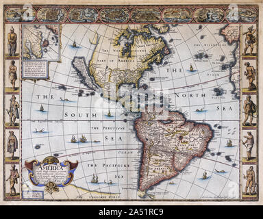 Mappa di America da cartografo Giovanni Speed pubblicato circa 1627. Il cartiglio, inferiore sinistro si legge: America con quelle parti note in che unknowne worlde entrambe le persone e il modo di edifici. La California è rappresentata come un'isola. Foto Stock