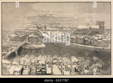 Parigi sotto la neve, 1890. Incisione su legno è stata perfezionata circa 1770 in Inghilterra da Thomas Bewick (1753-1828). Dato che il grano di fine di un legno duro è utilizzato, il blocco può essere inciso con uno strumento affilato chiamato un bulino, rendendo strettamente insieme possibilità di linee e la produzione di una vasta gamma di texture e di toni. La superficie del blocco viene inchiostrato e stampato in modo che le linee incise appaiono come aree bianche. La forza del blocco significava che numerose impressioni potrebbero essere stampati. Incisione su legno divenne così un metodo principale per illustrare libri e giornali nel XIX secolo. Lep&#xe8;RI sviluppato una Foto Stock