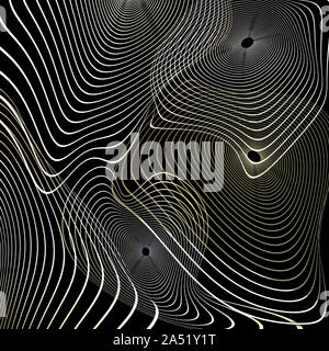 Distorto concentrici striped cerchi da dorata linee ondulate sullo sfondo nero - abstract digital generato sfondo, immagine raster. Foto Stock
