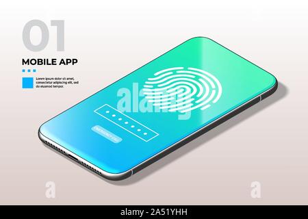Scanner di impronte digitali sullo schermo del telefono. L'identificazione biometrica e concetto di approvazione. Illustrazione Vettoriale