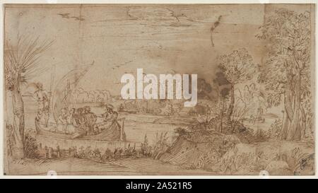 Paesaggio fluviale con imbarcazioni, c. 1590. Foto Stock