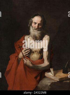 San Girolamo, c. 1638-1640. San Girolamo (circa 347-420 d.c.) tradotti i testi biblici in latino. Sebbene egli appare a volte come uno studioso nel suo studio, Ribera rappresenta lui qui come un penitente che si è ritirato nel deserto, battendo il petto con una pietra di imitare Cristo’s sofferenza e di contemplare un teschio che simboleggia la vanità umana. Lavorando in Napoli, Ribera entusiasticamente atto Caravaggio’s caratteristica uso della luce e del buio e modelli naturalistici. Foto Stock