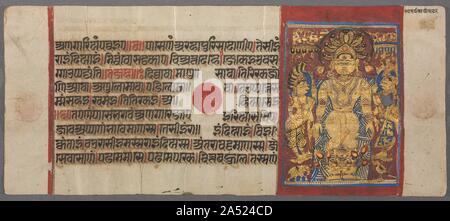 I serpenti proteggere Parshva dall'alluvione, dal Kalpa-sutra, c. 1500. Parshva sorge in yogic postura di meditazione, portante il disagio degli elementi, impassibile. Quando stormwaters minacciata la sua vita, i serpenti lo schermato in modo che egli ha potuto completare il suo meditazioni e raggiungere la liberazione. Un cobra allungato il suo sette-incappucciati tettoia sopra la sua testa come un ombrello mentre un re serpente e sua moglie lode a lui. L'abstract linee d'oro su sfondo blu rappresentano le acque che è salito al livello delle sue spalle. In questo dipinto, l'immagine di Parshva indossa un bianco indumento inferiore, che ind Foto Stock