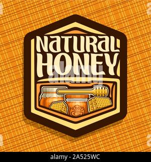 Il logo del vettore per il miele naturale, segno esagonale con cera Favo di miele, legno dipper stick, un barattolo di vetro e un vaso di miele ricoperta di carta cap, etichetta per packa Illustrazione Vettoriale