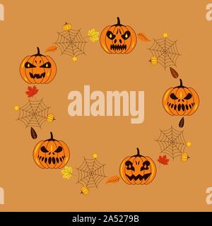 Una varietà di zucche con diverse espressioni del viso e occhi luminosi, pipistrelli, spider web e foglie di autunno. Happy Halloween. Illustrazione di vacanza Illustrazione Vettoriale