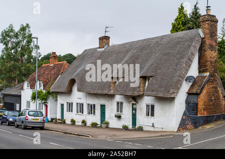 Terrazza di tre case dipinte di bianco con tetto di paglia, Ampthill, Bedfordshire, Regno Unito Foto Stock