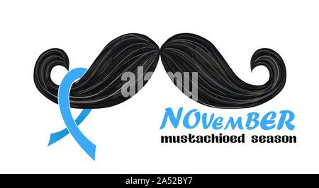 Novembre Il cancro della prostata Awareness Month Design con nastro blu e baffi. Gli uomini il concetto di assistenza sanitaria Illustrazione Vettoriale