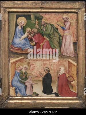 L Adorazione dei Magi, c. 1424. Questa piccola pala alato, chiamato un trittico, era senza dubbio reso per uso privato. Il donatore e sua moglie sono mostrati in basso a scena centrale in ginocchio davanti alla Vergine, sua madre Saint Anne, e Cristo Bambino. Al di sopra è l'Epifania con i Tre Re presentando doni a strettamente swaddled Cristo. Foto Stock