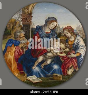 La Sacra famiglia con San Giovanni Battista e Santa Margherita, c. 1495. Lippi&#x2019;s composizione sofisticata con garbo si sovrappone a cinque cifre in un formato tondo. Oliviero Caraffa, cardinale di Napoli, commissionò questo lavoro, sebbene Lippi probabilmente dipinto a Roma mentre si lavora per il cardinale&#x2019;s famiglia, un esempio del gusto diffusa in tutta Italia per l'arte di Firenze. Meticolosamente dettagliati still-life elementi sul parapetto, denso di significati simbolici, riflettere Lippi&#x2019;s interesse nel nord della pittura europea avrebbe visto a Firenze. Allo stesso modo l'arco classico Foto Stock