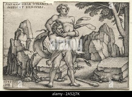 Le Fatiche di Ercole: Hercules la frantumazione di Anteo, 1545. Beham era uno dei diversi tedesco printmakers di cui ad oggi come il "piccolo maestri." hanno istituito la loro abilità artistica per mezzo di incisione notevolmente piccole stampe e attraente per i collezionisti affascinato con oggetti in miniatura e curiosità. Qui, Beham ha confezionato 12 più grandi di quelle storie di vita del valoroso Ercole in piccole stampe. La serie comprende tre delle dodici fatiche di Ercole eseguiti come penitenza per uccidere i suoi figli in un accoppiamento di follia: soffoca il leone nemeo , uccidendo il Lernean Hydra , e trascinando Cerberus Foto Stock