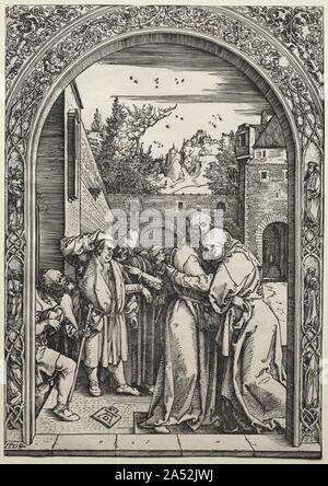 L'Incontro di Gioacchino e Anna presso la Porta Aurea, 1504. I primi tre xilografie di D&#xfc;rer&#x2019;s narrativa (1959.99.2-4) raffigurano gli eventi che portano fino alla Vergine&#x2019;s la nascita. Secondo un testo apocrifo, Maria&#x2019;s i genitori, Gioacchino e Anna, era rimasto senza figli in età avanzata. Dopo Joachim&#x2019;s offerta al tempio è stata respinta per questo motivo, l'angelo Gabriele gli apparve nel deserto di annunciare che sua moglie sarebbe presto di portare un bambino in grembo. A questa notizia i due teneramente abbracciati alla città&#x2019;s gate. Foto Stock