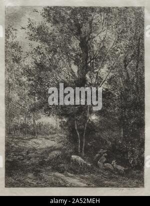 Il Pastore e la pastorella, 1874. Sebbene l'attacco era caduto in disgrazia in Francia, Daubigny ha iniziato a produrre incisioni originali nel 1840s. La rinascita di questa tecnica ha cominciato ad accelerare, e nel 1862 i Soci&#xe9;T&#xe9; des Aquafortistes (società di aciéries) è stato organizzato da Alfred Cadart, che è stato determinante per la pubblicazione di molti album di stampe. In aggiunta, periodici come LArtiste (l'artista incluso incisioni originali che hanno contribuito a generare interesse nel mezzo. La campagna attorno a Barbizon (un villaggio a circa 30 miglia a sud est di Parigi) fornito un rifugio Foto Stock