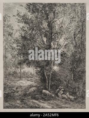 Il Pastore e la pastorella, 1874. Sebbene l'attacco era caduto in disgrazia in Francia, Daubigny ha iniziato a produrre incisioni originali nel 1840s. La rinascita di questa tecnica ha cominciato ad accelerare, e nel 1862 i Soci&#xe9;T&#xe9; des Aquafortistes (società di aciéries) è stato organizzato da Alfred Cadart, che è stato determinante per la pubblicazione di molti album di stampe. In aggiunta, periodici come LArtiste (l'artista incluso incisioni originali che hanno contribuito a generare interesse nel mezzo. La campagna attorno a Barbizon (un villaggio a circa 30 miglia a sud est di Parigi) fornito un rifugio Foto Stock