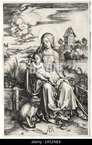 La Vergine e il bambino con una scimmia, c. 1498. Come la sua prima incisione del soggetto, D&#xfc;rer raffigurata la Madonna e il bambino all'interno di un giardino recintato. In aggiunta al giardino, che si riferisce a Maria&#x2019;s la verginità, l'artista inclusi altri elementi che fanno riferimento a ciascuna figura&#x2019;s significato religioso. L'uccello tenuto da Cristo Bambino rappresenta le anime che verranno salvati mediante il suo sacrificio mentre la scimmia concatenate, un simbolo di lussuria e avidità, è domata sotto la Madonna&#x2019;s influenza, rafforzando così la sua purezza e virtù. Fatto solo pochi anni più tardi il suo santo Fami Foto Stock