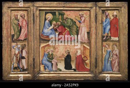 Trittico con l' Adorazione dei Magi , c. 1424. Questa piccola pala alato, chiamato un trittico, era senza dubbio reso per uso privato. Il donatore e sua moglie sono mostrati in basso a scena centrale in ginocchio davanti alla Vergine, sua madre Saint Anne, e Cristo Bambino. Al di sopra è l'Epifania con i Tre Re presentando doni a strettamente swaddled Cristo. Foto Stock