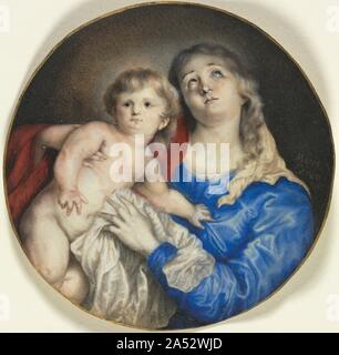 Madonna e Bambino, c. 1662. Di dimensione maggiore rispetto a quella della maggior parte delle miniature ritratto, la Madonna e il bambino da Anna Maria Carew è un armadio, in miniatura o un piccolo lavoro su pergamena, smalto, o avorio che copie a pieno la pittura ad olio. In questo caso il dipinto originale era dall'artista fiammingo Anthony van Dyck e inciso da Paulus Pontius intorno 1630 poco dopo che esso è stato dipinto. Come un cabinet miniaturizzato, questo lavoro è un po' insolito a causa dei suoi soggetti religiosi e la sua semplicità. Gabinetto delle miniature tendeva invece a riprodurre dipinti di soggetti drammatici e momenti climatiche in miti o religiosi s Foto Stock