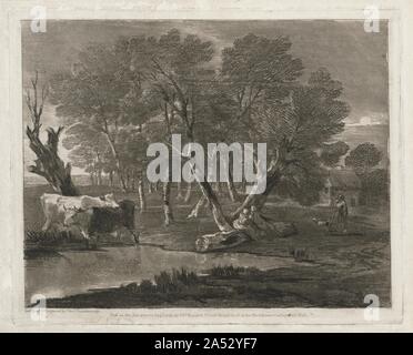 Paesaggio boscoso con mucche accanto ad una piscina, figure e Cottage , pubblicato nel 1797. Gainsborough è stato uno dei primi artisti inglesi per tentare di lavori originali utilizzando il recentemente inventato tecniche dell acquatinta e soft-attacco a terra. Il suo quasi impressionistica manipolazione di questi nuovi media era perfettamente in armonia con il suo chalk, matita, e lavato schizzi del paesaggio. La freschezza e la vitalità di Gainsborough’s stampe originali, tutti pubblicato postumo, inserirli tra i più grandi di tutti originale inglese landscape stampa. Foto Stock