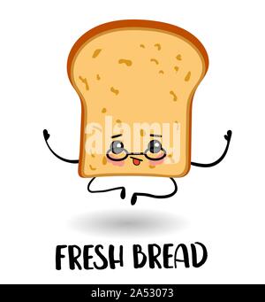 Fetta di pane. Personaggio dei fumetti con le braccia e le gambe e un sorriso e gli occhi. Illustrazione Vettoriale