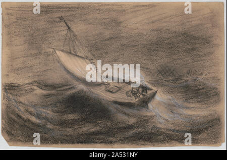 Due uomini in una piccola barca a vela sul mare mosso Foto Stock