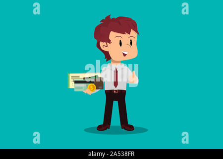 Il dipendente mantiene il suo portafoglio, assegni e carte di credito, mostra il suo stipendio, personal finance concept Foto Stock