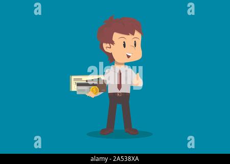 Il dipendente mantiene il suo portafoglio, assegni e carte di credito, mostra il suo stipendio, personal finance concept Foto Stock