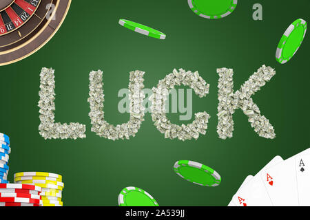 3D rendering di 'fortuna' segno fatto di dollari con pile di chips, pack di carte, roulette su sfondo verde Foto Stock