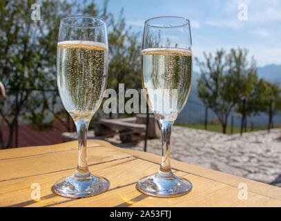 Due bicchieri di champagne contro uno sfondo sfocato di alberi e montagne. Foto Stock