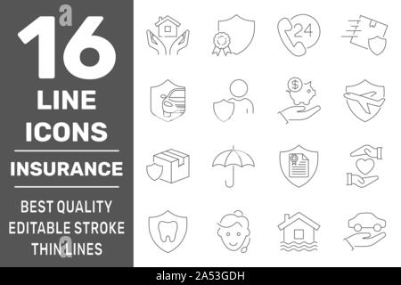 La casa di assicurazione icone. Assicurazioni sulla vita e i simboli di protezione. Protezione auto segno. Concept web pulsanti. Illustrazione Vettoriale. Corsa modificabile. EPS 10 Illustrazione Vettoriale