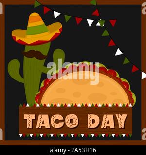 Taco day poster. Cactus con un tradizionale Mexican Hat e un taco - illustrazione vettoriale Illustrazione Vettoriale