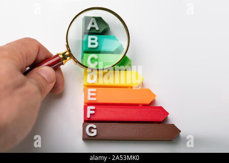 Lente di ingrandimento su Efficienza Energetica a grafico Foto Stock