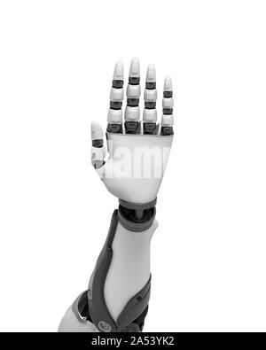 3D rendering di un bianco e nero a mano robotica palm anteriore nel messaggio di saluto o il gesto di arresto. Foto Stock