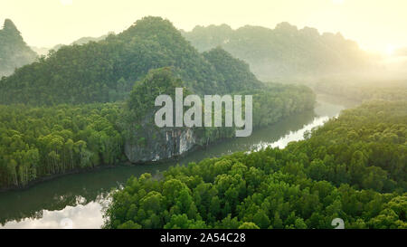 Sunrise nella foresta pluviale. langkawi forest ,drone visualizza Foto Stock