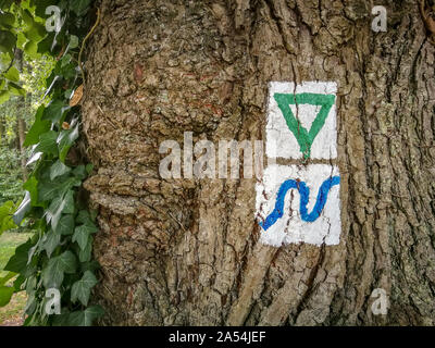 Tipico tedesco dipinto segnavia su un albero che mostra la direzione di sentieri escursionistici Foto Stock