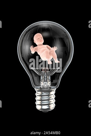 Baby lampadina / 3D illustrazione del bambino umano dormendo pacificamente all'interno futuristico lampadina della luce Foto Stock