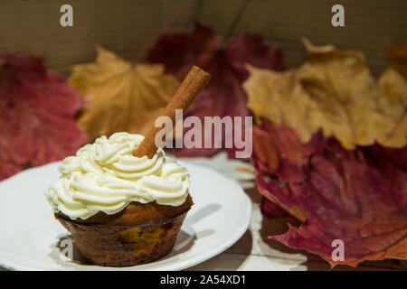 La zucca spice tortina con bastoncini di cannella decorazione. Autunno di spezie muffin fatti in casa con la zucca, crema di formaggio e panna con velo di colore giallo e rosso Foto Stock