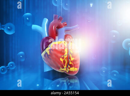 Cuore umano anatomia su abstract medico di fondo. 3d illustrazione Foto Stock