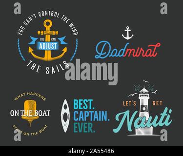 Nautiche Stampe vintage designs set per t-shirt. Loghi Marine e distintivi. Tipografia retrò con il faro e il gabbiano. Emblemi della marina militare, mare e oceano Illustrazione Vettoriale