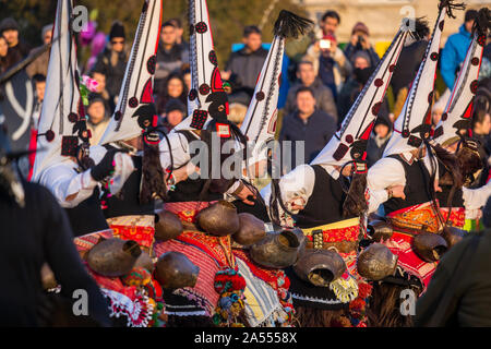 Mummers eseguire rituali per spaventare gli spiriti malvagi a Surva festival di Pernik in Bulgaria. Le persone sono chiamati Kuker, kukeri. Danzatori con grandi campane. Foto Stock