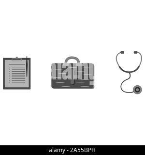 Materiali di consumo medicali le icone per la professione di medico illustrazione. I servizi di assistenza sanitaria concetto. Set. Stetoscopio, kit di primo soccorso Foto Stock
