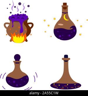 Set di pozione magica in una bottiglia, stregoneria. Halloween. Icona del gioco di magia elixir. Design per app interfaccia utente Illustrazione Vettoriale