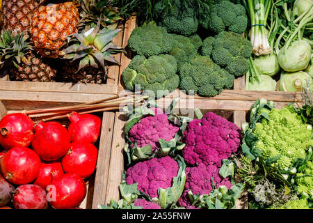 Colonia, nella Renania settentrionale-Vestfalia, Germania - verdura biologica in un contatore di vegetali al mercato organico all'ANUGA FOOD fair. Koeln, Nordrhein-W Foto Stock