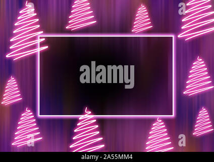 Neon incandescente viola telaio incandescente con alberi di natale con copyspace Foto Stock