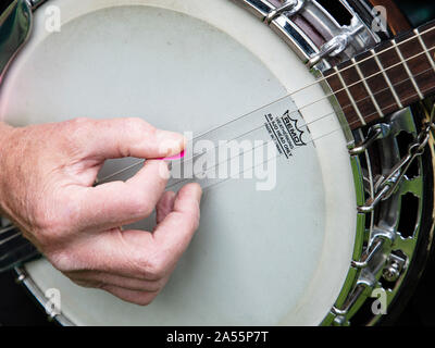 Close up di un banjo riprodotto Foto Stock