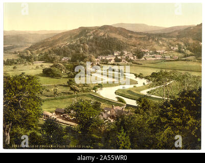 Vale di Festiniog dalla terrazza Plas, Festiniog [ossia Ffestiniog], Galles Foto Stock