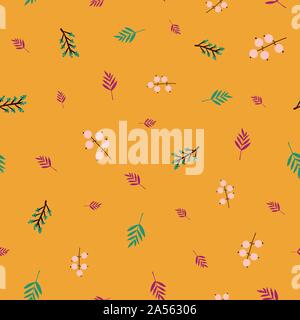 Autunno abstract doodle bacche e foglie vettore seamless pattern senape viola rosa arancione teal. Fiori e foglie di sfondo di ripetizione in autunno Illustrazione Vettoriale