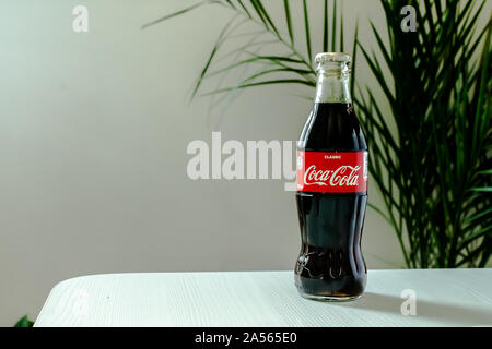 Il Kazakistan Almaty, 18 ottobre 2019. Una bottiglia di Coca Cola su uno sfondo chiaro e una pianta verde. Foto Stock