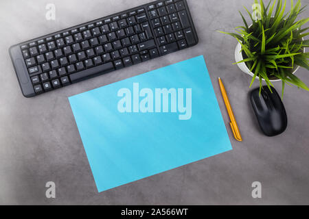 Luogo di lavoro sulla tabella scuro con copia spazio. Tastiera e mouse del computer, penna, foglio, fiori in vaso. Lay piatto. Vista dall'alto, i raggi del sole dal lato Foto Stock